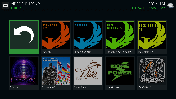 Phoenix Kodi Add-on - Main View