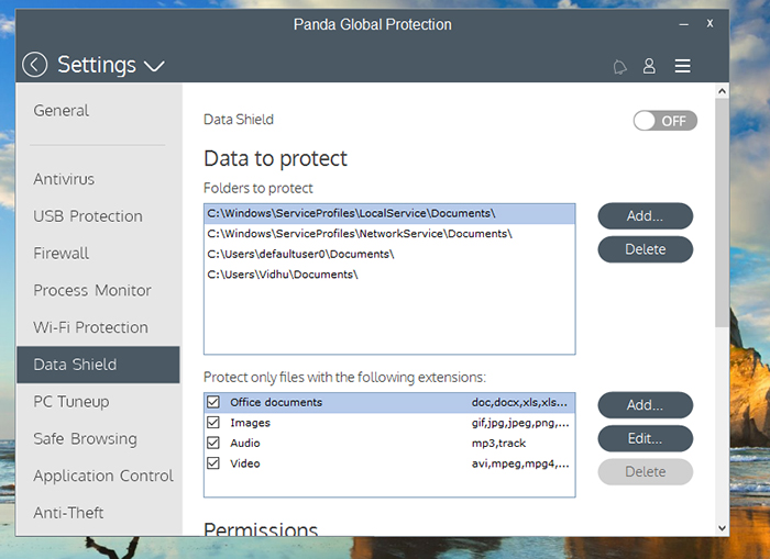 Panda Global Protection Antivirus Settings Data Shield