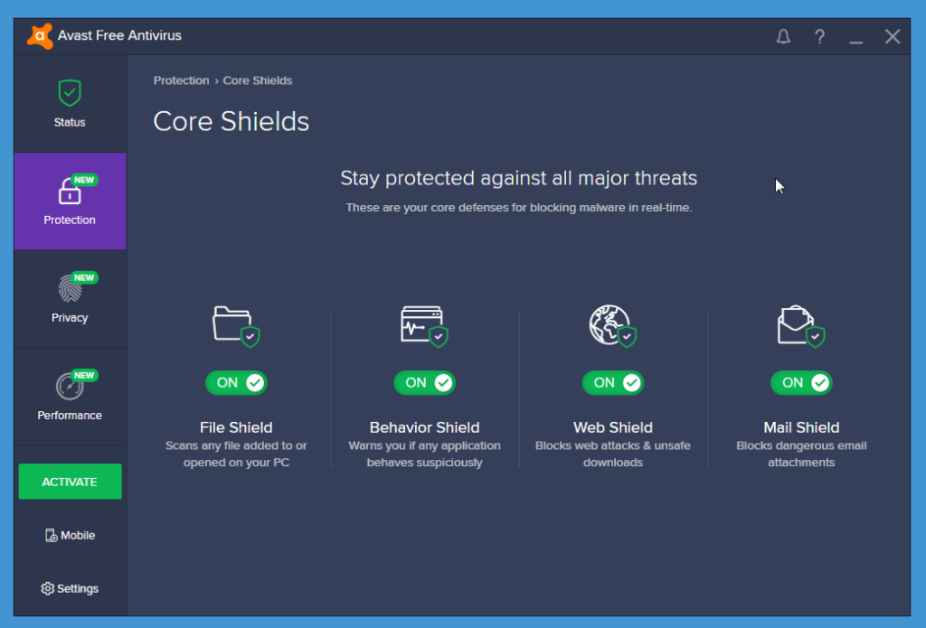 Avast Free Antivirus core shields