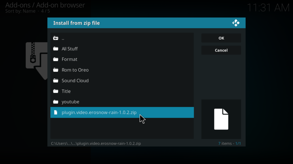 ErosNow Kodi - Browse to Zip File