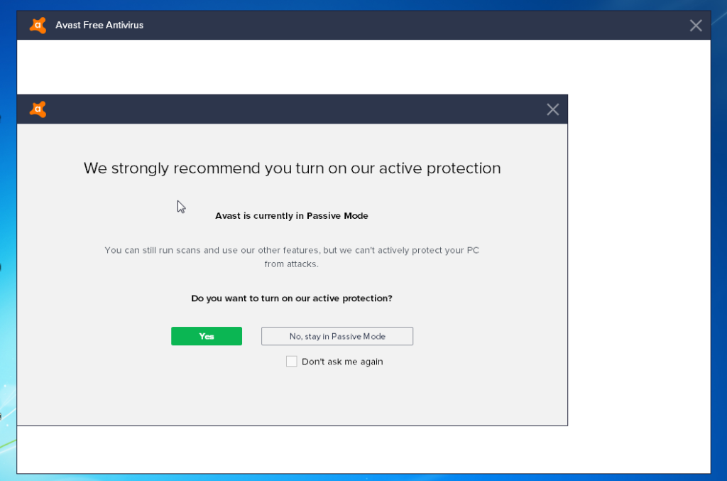 Turning on active protection in Avast Free Antivirus 