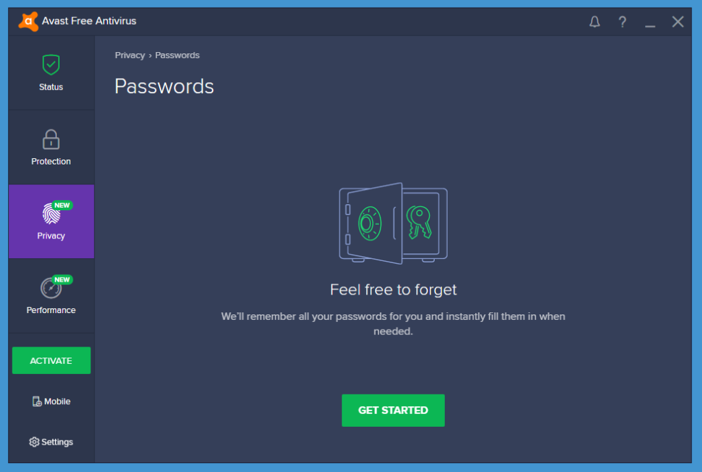 Avast Free Antivirus passwords