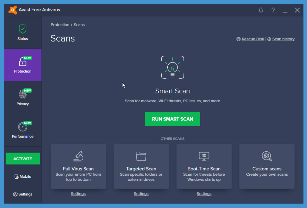 Avast Free Antivirus manual scan