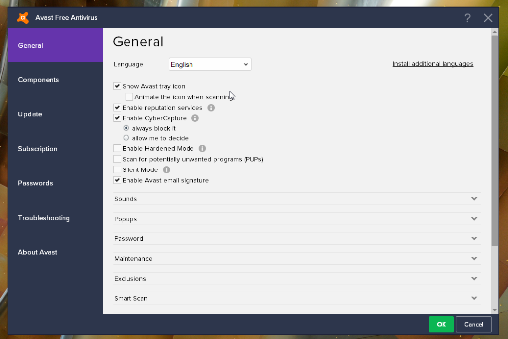 Avast Free Antivirus settings