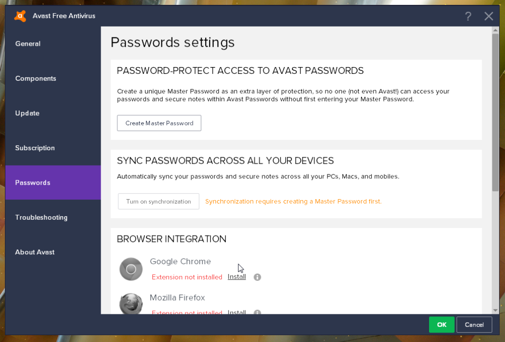 Avast Free Antivirus passwords