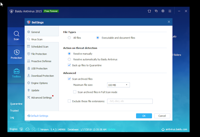 Baidu Antivirus Free settings virus scan