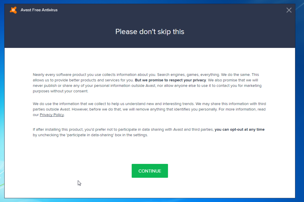 User data sharing Avast Free Antivirus 