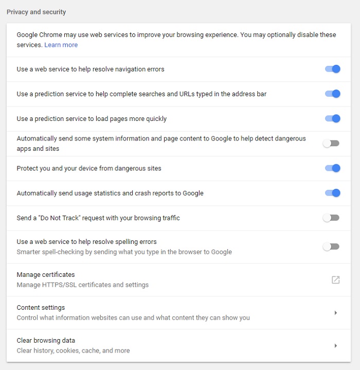 Chrome Privacy and Security settings