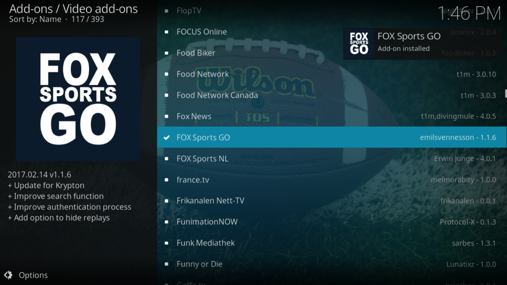 Fox Sports Go Kodi Addon - Notification