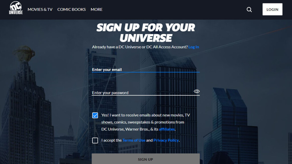 dc universe sign up