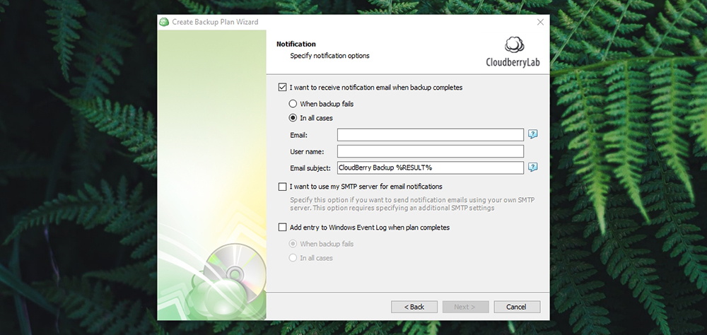 CloudBerry Backup - Notification Settings
