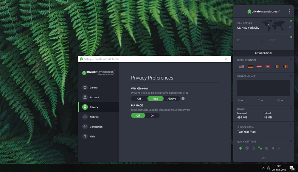 Private Internet Access VPN - Privacy Settings