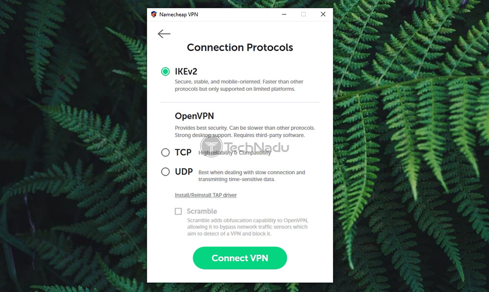 Protocol Selector Panel Namecheap VPN Windows