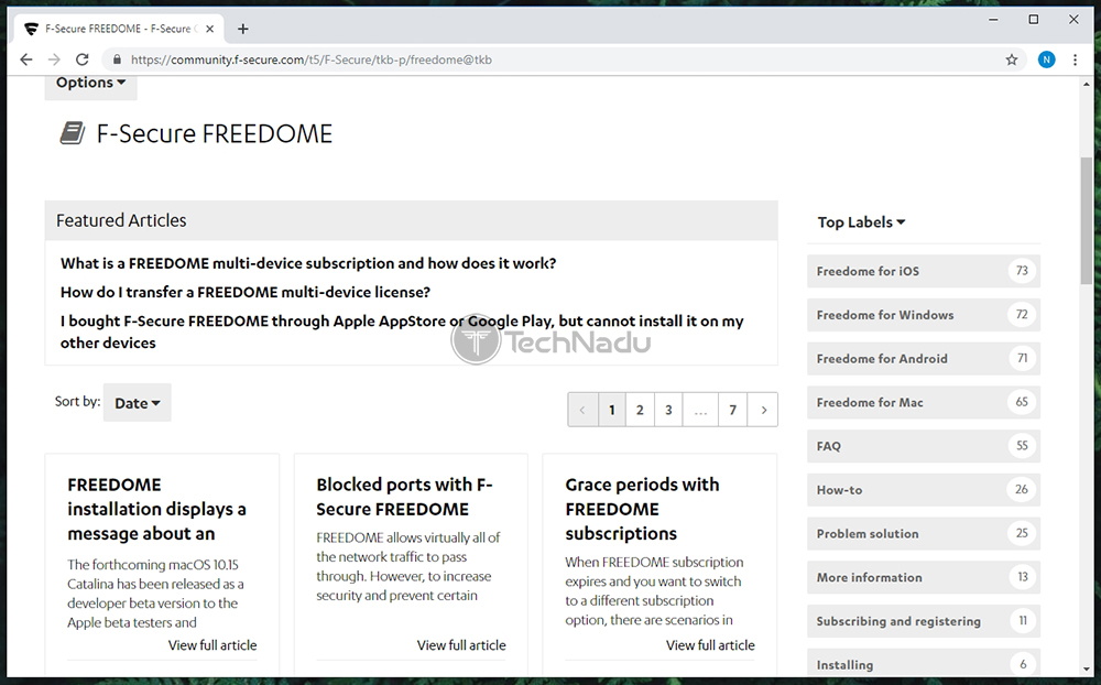 Support Section of F-Secure Freedome VPN Website