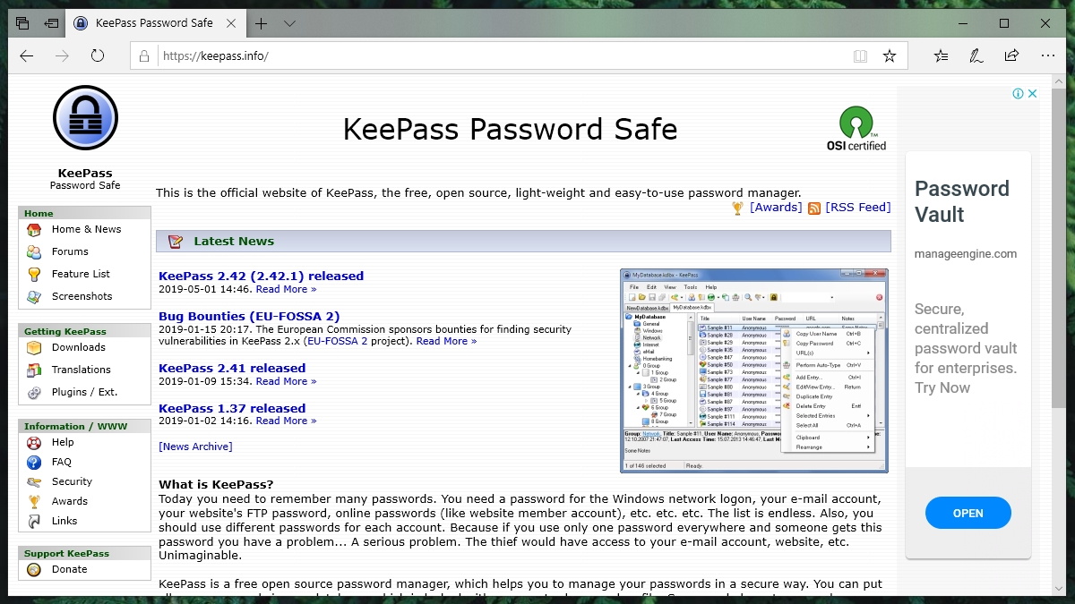 KeePass Password Manager Homepage UI
