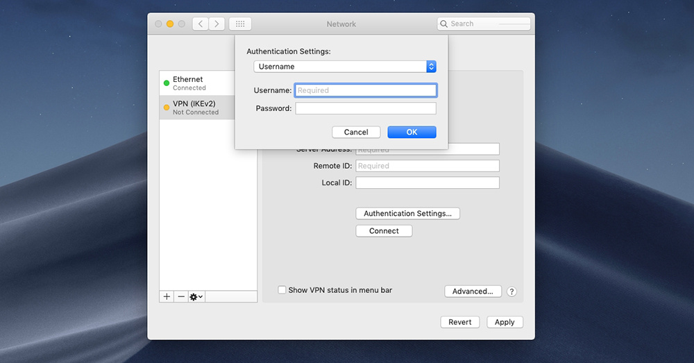 VPN Authentication Settings macOS