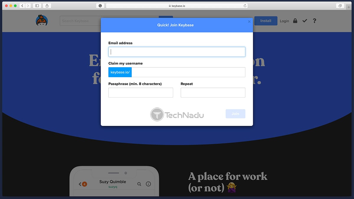Sign Up Screen for Keybase