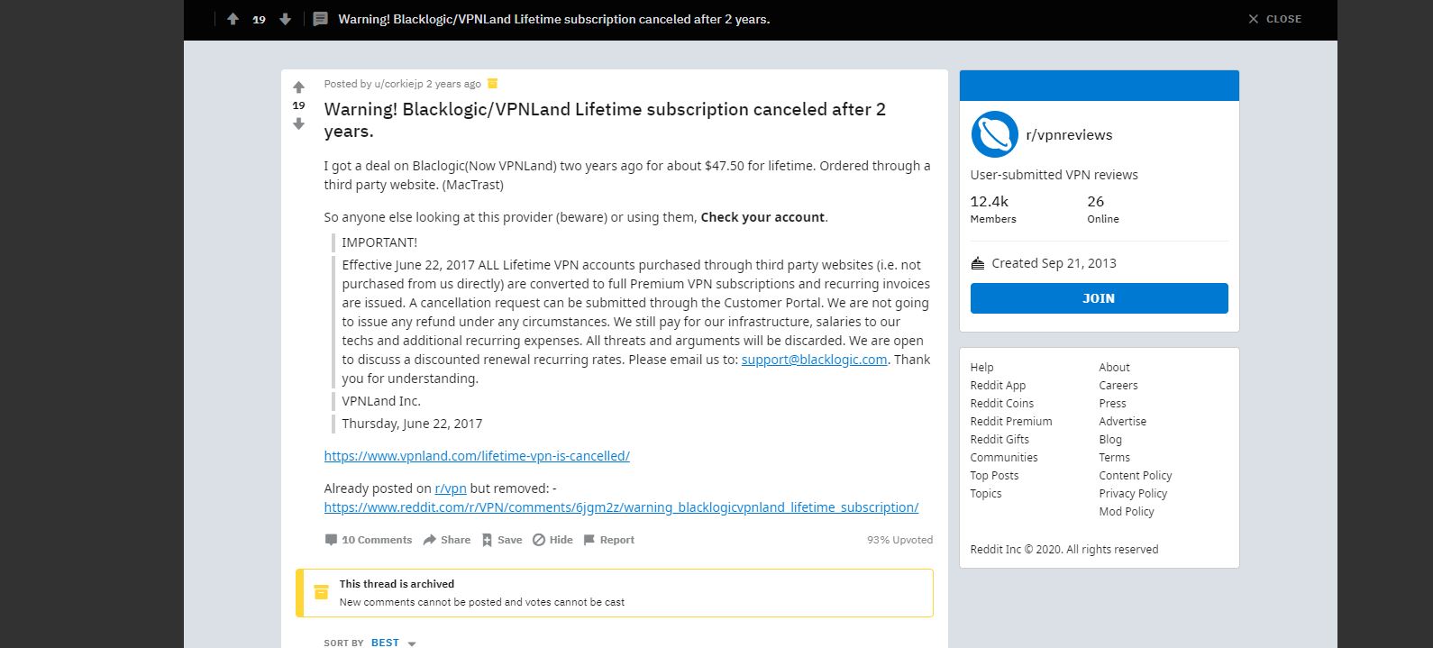Reddit user complaining about lifetime VPN scams.