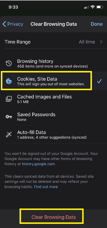 How to clear cookies in Chrome on iOS.