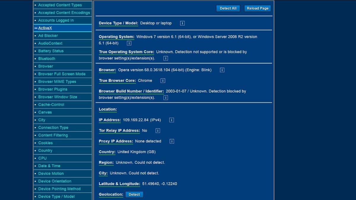 screenshot showing browser fingerprinting data