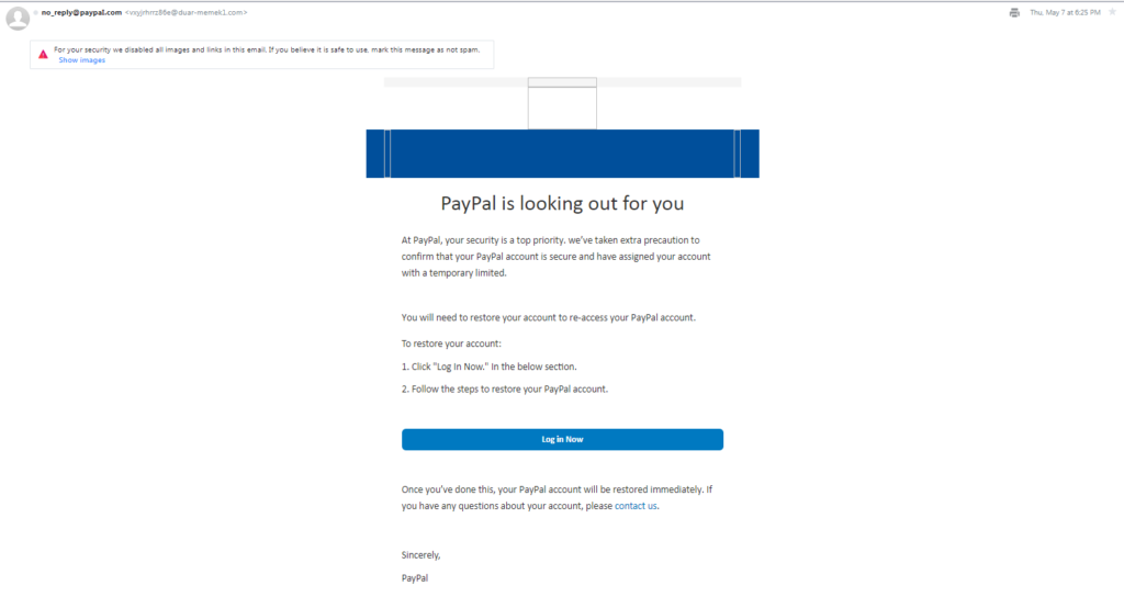 Screenshot of PayPal phishing attack