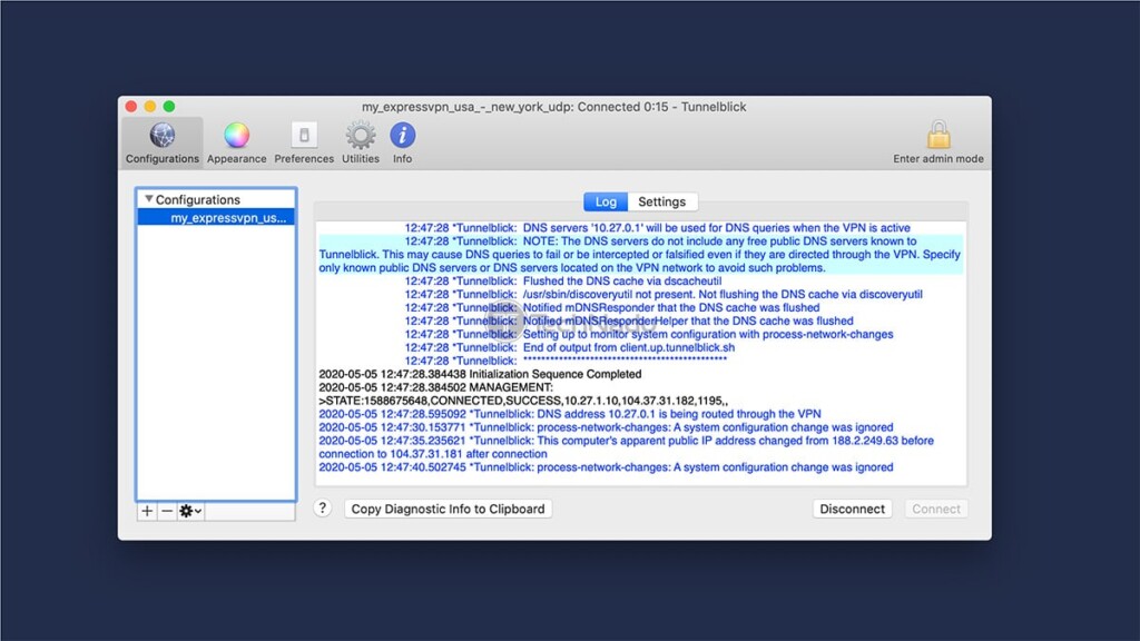 VPN Log Tunnelblick Active Connection