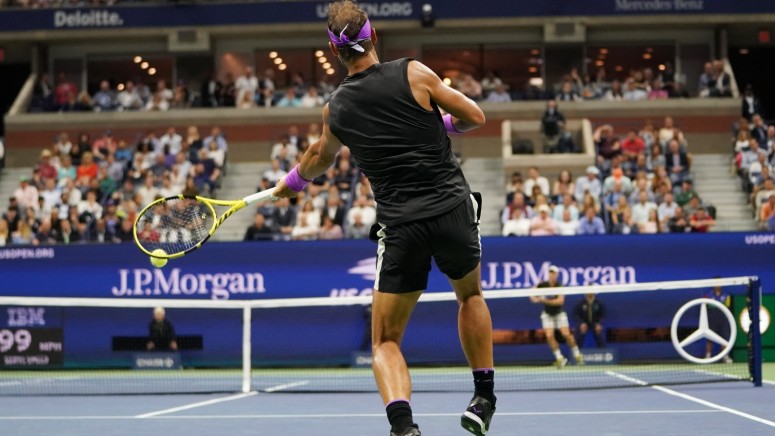 18-time Grand Slam champion Rafael Nadal of Spain in action during his 2019 US Open first round match at Billie Jean King National Tennis Center in New York