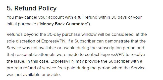 ExpressVPN refund policy