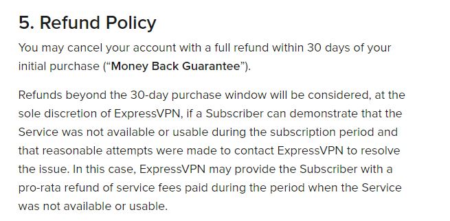 นโยบายการคืนเงิน ExpressVPN