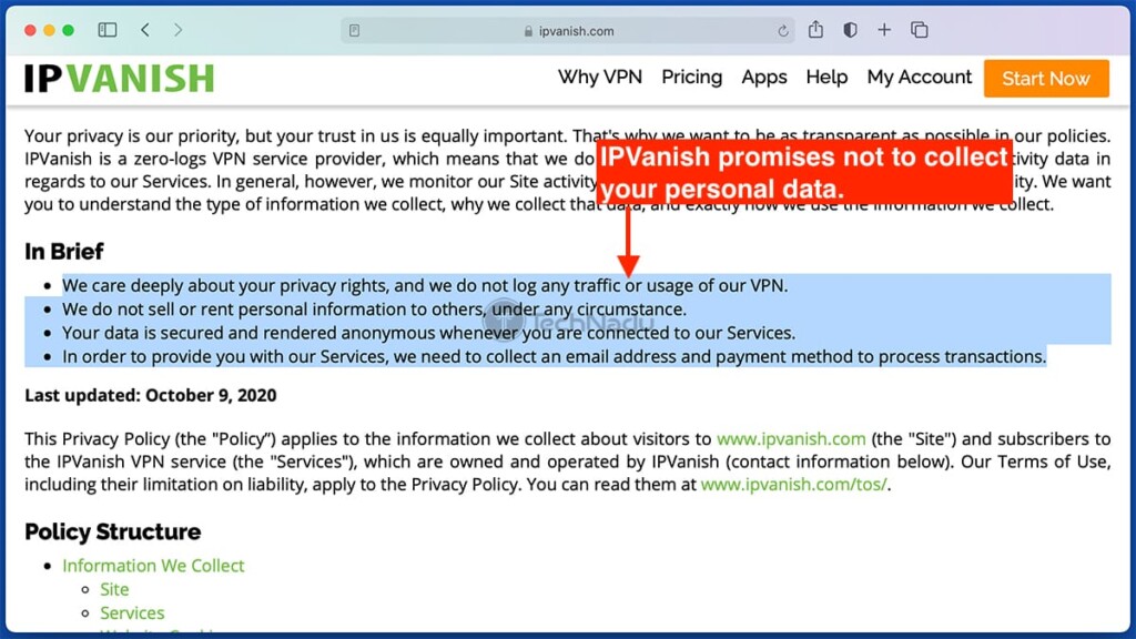 IPVanish Privacy Policy Highlights