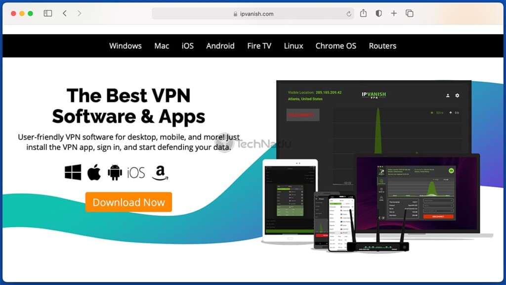 IPVanish Website Showing Information About Software and Apps
