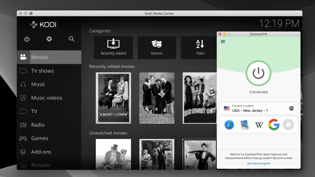 Kodi Movies screen while being connected to ExpressVPN US server