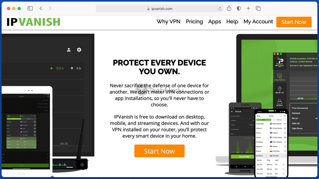 Screenshot of IPVanish Home Screen Website