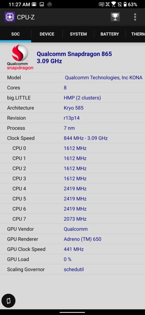 Asus ROG Phone 3 - Snapdragon 865+ SoC CPU-Z Info