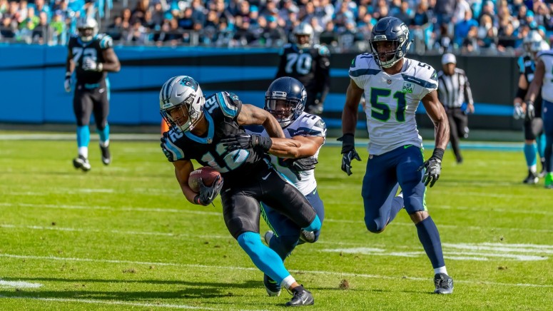 DJ MOORE (12) catches a ball against the visiting Seattle Seahawks at Bank Of America Stadium in Charlotte, NC