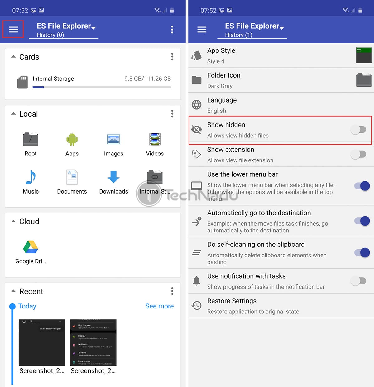Enabling Hidden Files in ES File Explorer on Android