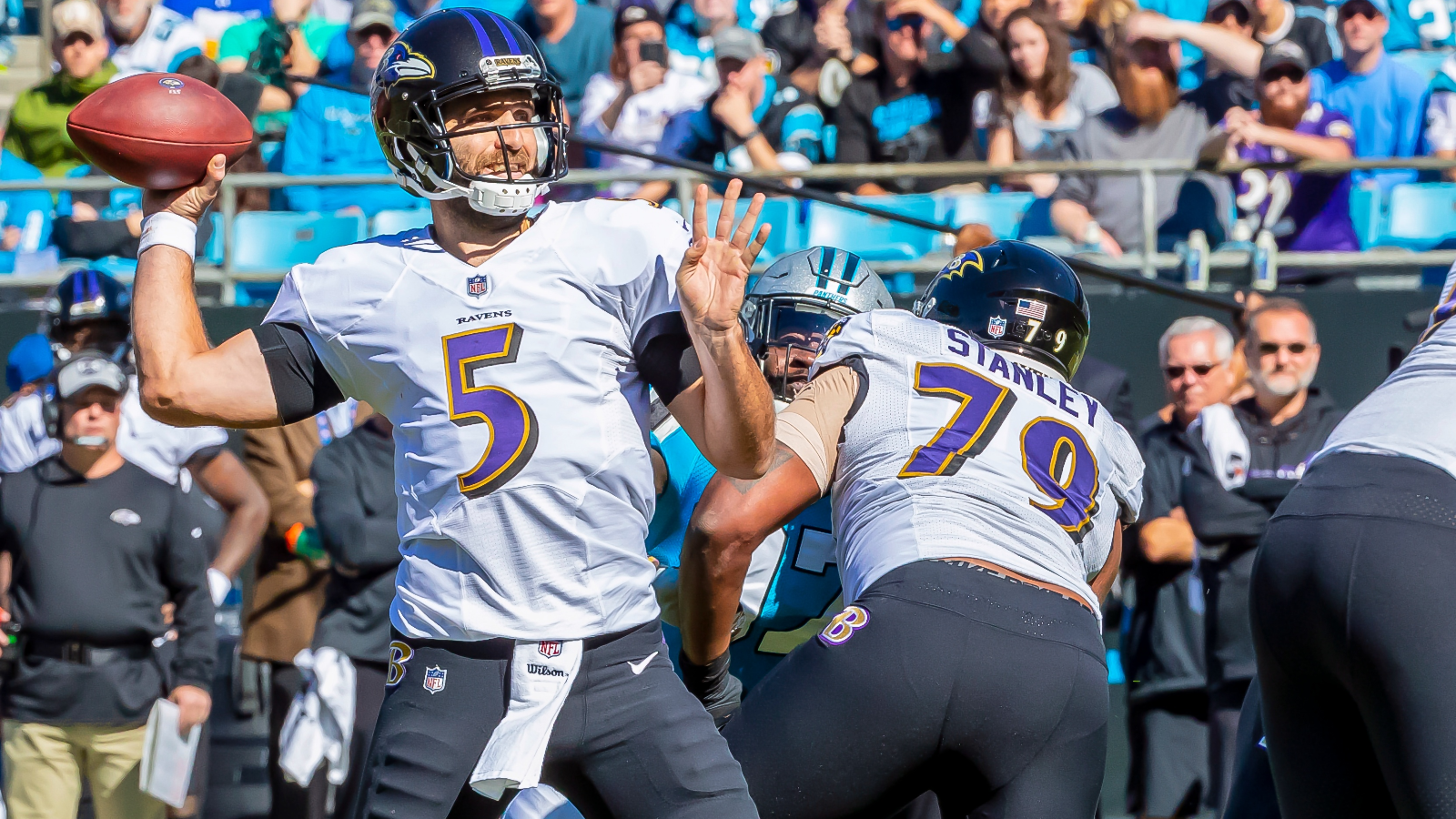 October 28, 2018 - Quarterback, Joe Flaco (5), Baltimore Ravens plays against the Carolina Panthers at Bank of America Stadium in Charlotte, North Carolina