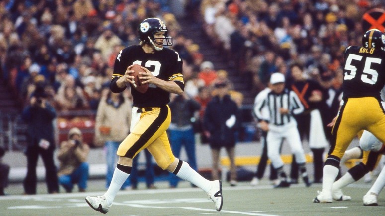 Pittsburgh Steelers Hall of Fame QB Terry Bradshaw in NFL action at Three Rivers Stadium in Pittsburgh, PA. Image taken during the 1970's.