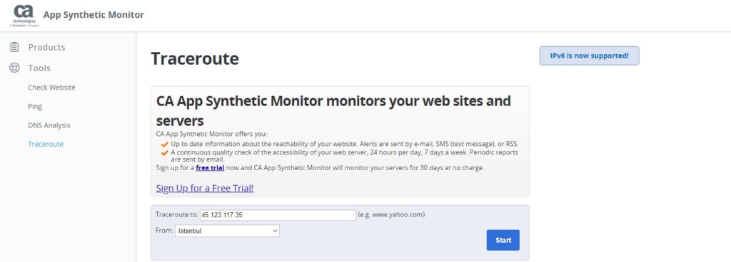 Using CA App Synthetic Monitor's traceroute tool to check the actual location of a Turkish server from ExpressVPN.