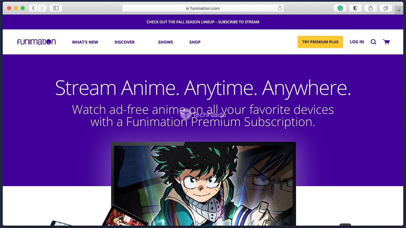 Home Page of Funimation Website