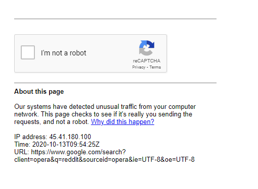 Google CAPTCHA request with ExpressVPN connection.