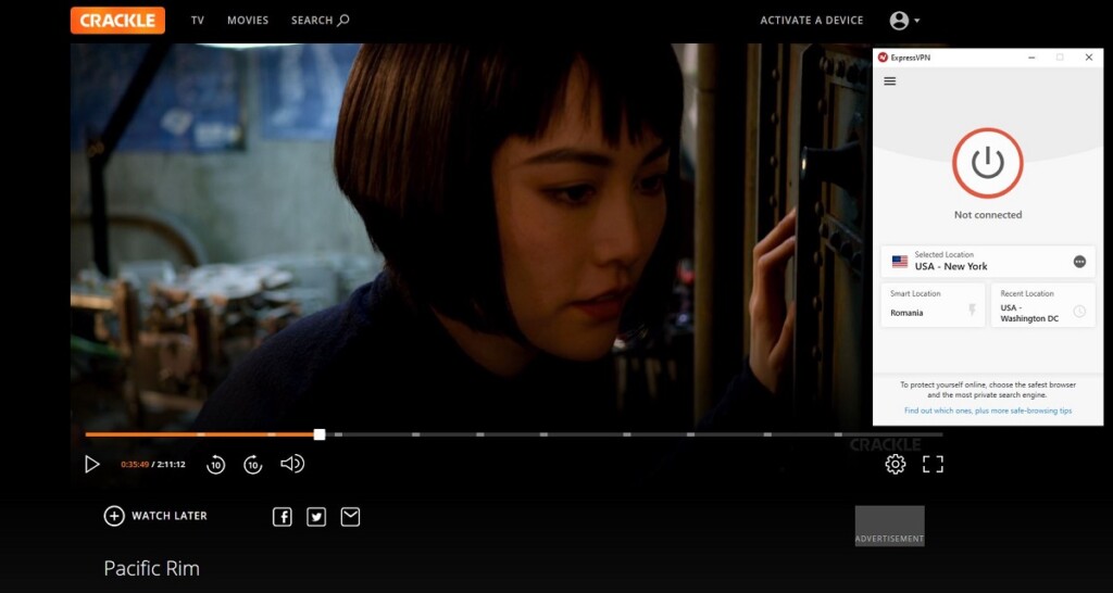 Watching Pacific Rim on Crackle while disconnected from ExpressVPN.