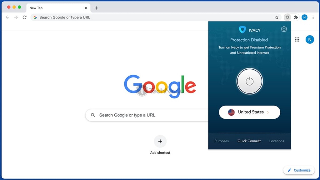 Home Screen of Ivacy Extension on Chrome