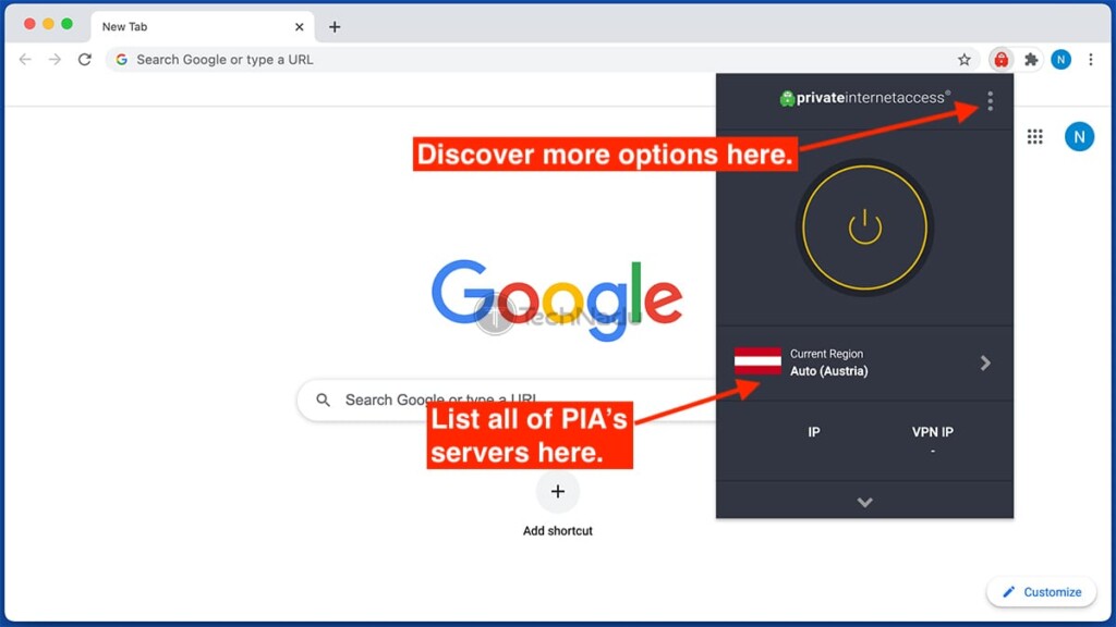 Chrome의 개인 인터넷 액세스 확장 홈 화면