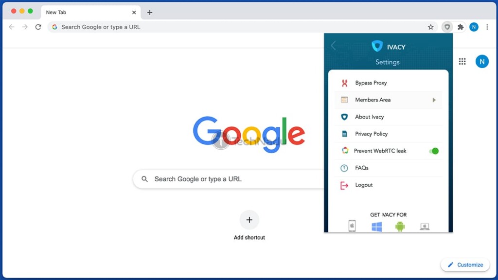 Ivacy VPN Chrome Extension Settings Panel