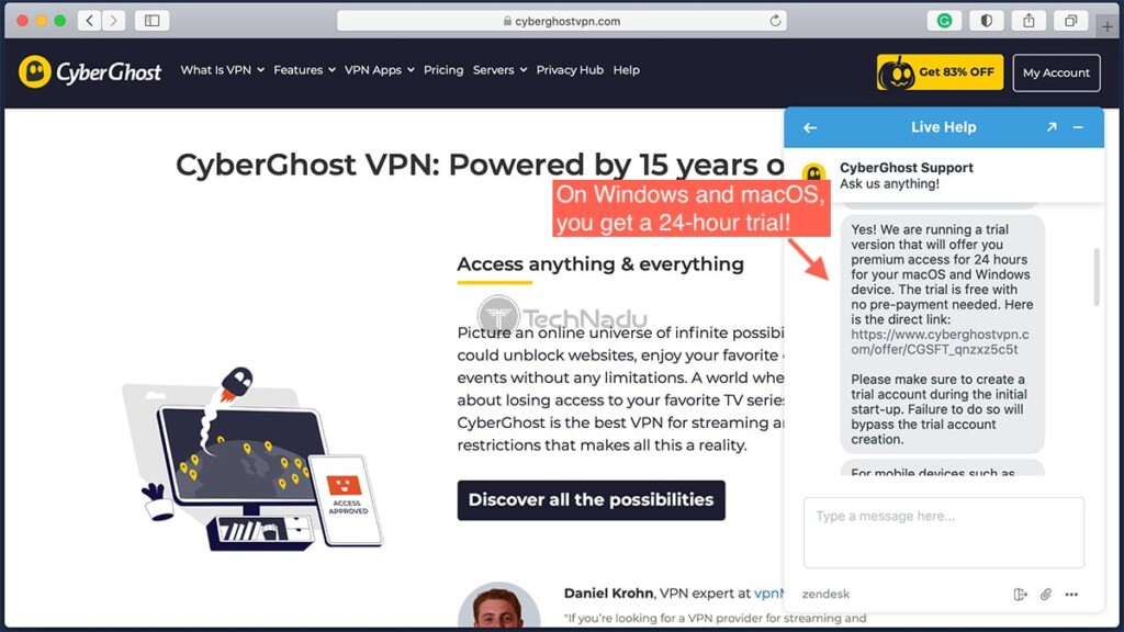 Live Chat Inquiry About CyberGhost VPN Trial