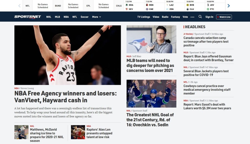 Screenshot of the Sportsnet homepage.