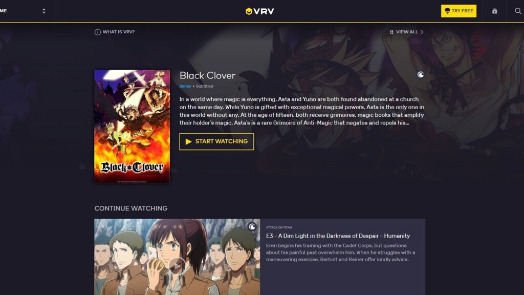 VRV homepage when logged in