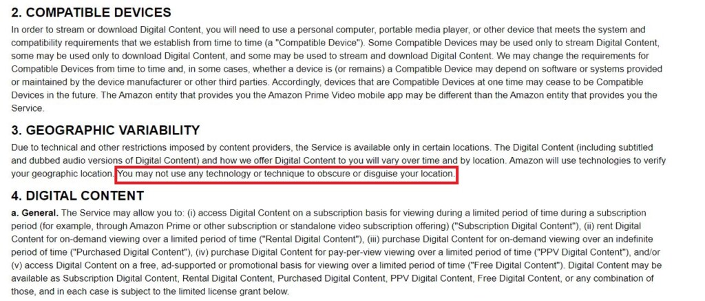 Screenshot of Amazon Prime Video's ToS.