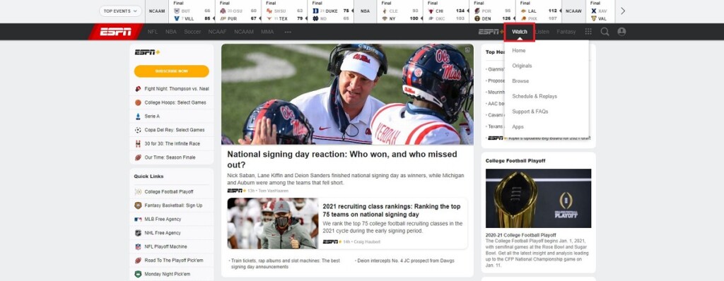 The "Watch" button on ESPN's homepage.